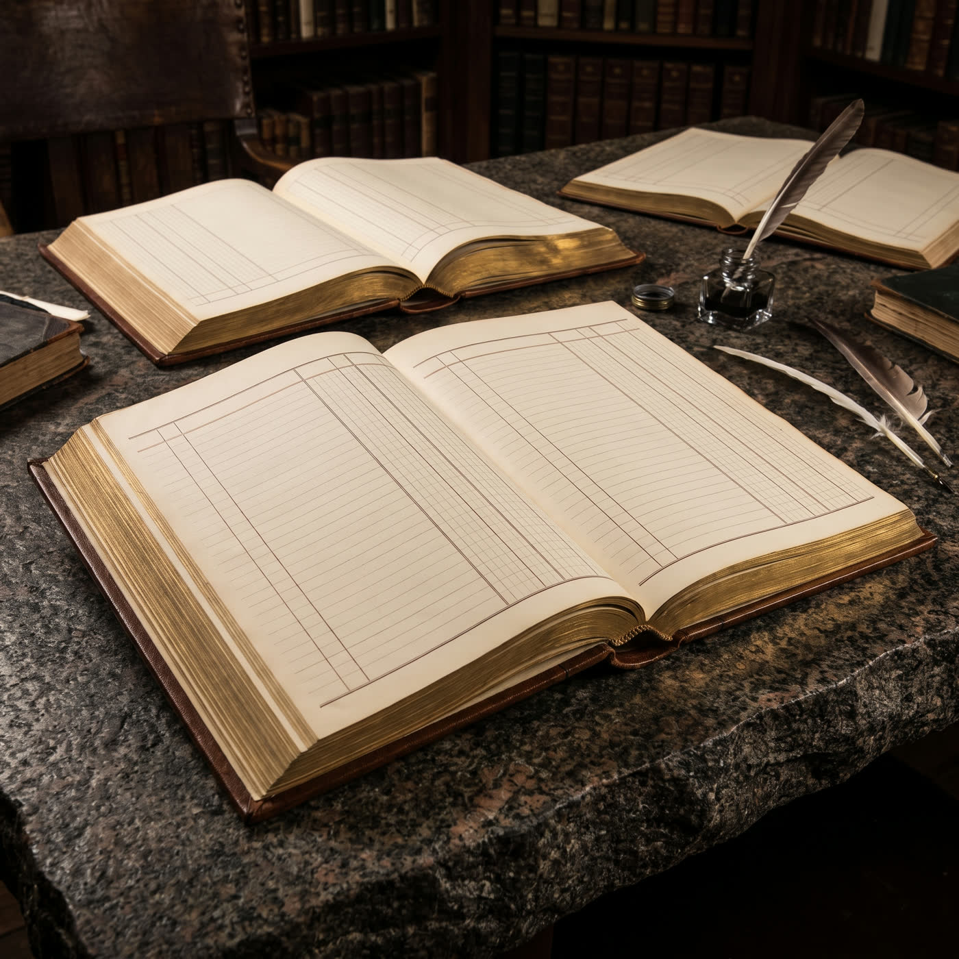 Open ledger books with a quill on a library table